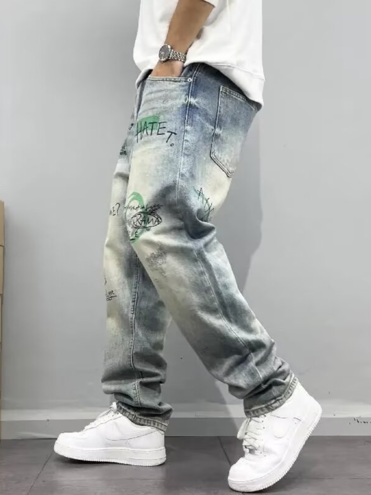 Streetwear Brand Denim - ยีนส์ขาตรงทรงหลวมสไตล์อเมริกันย้อนยุคสำหรับผู้ชาย แบรนด์แฟชั่นแนวสตรีทฮิปฮอป กางเกงขายาวลำลองสำหรับวัยรุ่น