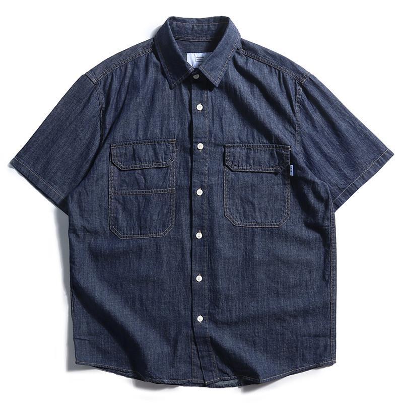 Streetwear Brand Denim - สไตล์ญี่ปุ่นย้อนยุคเสื้อเชิ้ตยีนส์ผู้ชายทรงหลวมแขนสั้นแบรนด์อินเทรนด์ฤดูร้อนลำลองครึ่งแขนชุดทำงานสตรีทแวร์
