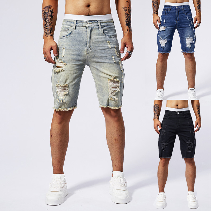 Streetwear Brand Denim - 2025 ฤดูร้อนใหม่ผู้ชาย Ripped กางเกงยีนส์กางเกงขาสั้นแฟชั่น Vintage Hole