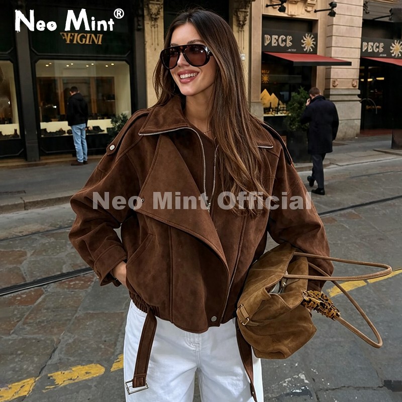 Streetwear Brand Fashion - เสื้อแจ็คเก็ตหนังกลับสีน้ำตาลโอเวอร์ไซส์ รุ่น Neo Mint Autumn สำหรับผู้หญิง